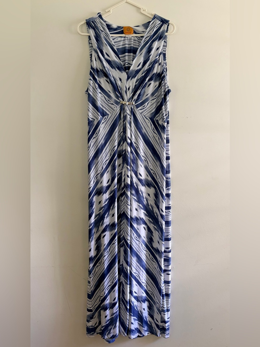 Ruby Rd. Blue and White Sleeveless V-Neck Maxi Dress with Center Ring